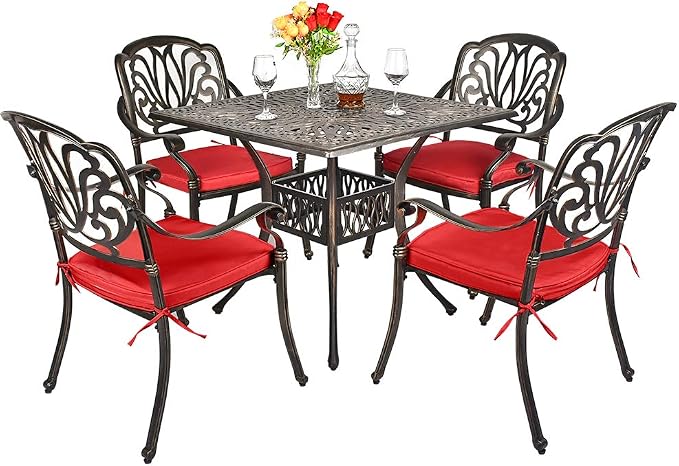 TITIMO 5-Piece Outdoor Patio Dining Set,Cast Aluminum Furniture Patio Conversation Set All-Weather Includes Square Table with Umbrella Hole for Patio Garden Deck, Flower Design (Red)