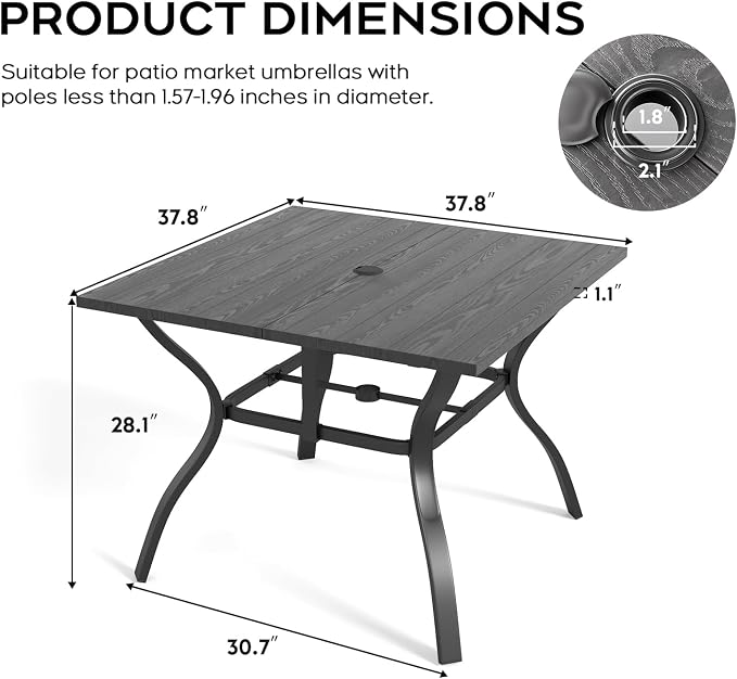 37.8”x37.8” Metal Outdoor Dining Table for 4,Square Patio Dining Table with Adjustable Umbrella Hole,All-Weather Black Outdoor Patio Table for Porch, Garden, Backyard, Poolside, Lawn