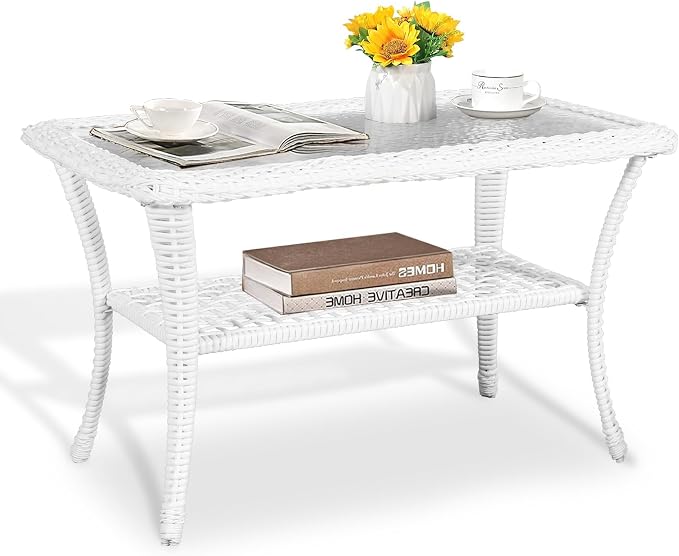 MEETWARM Wicker Patio Coffee Table, 34.5" Rectangle Outdoor Coffee Table with Tempered Glass Top and 2-Tier Storage Shelf, All-Weather Rattan Patio Side Table for Outside Poolside Deck Garden, White