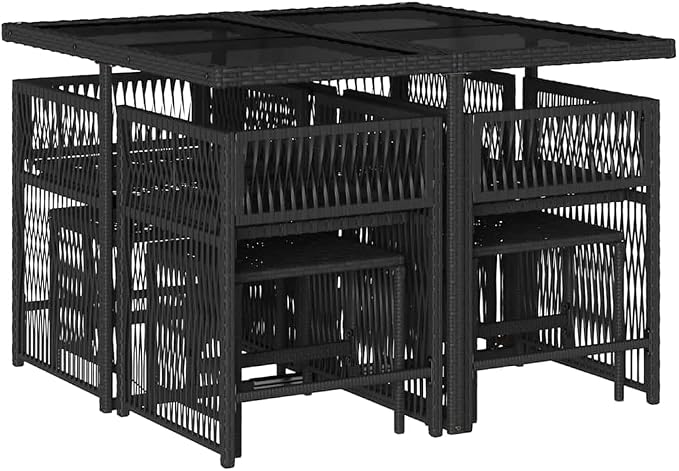 9-Piece Garden Dining Set, Black Poly Rattan Outdoor Patio Table and 8 Chairs with Cream White Cushions, Space Saving Foldable Stackable Furniture Set for Backyard Decor