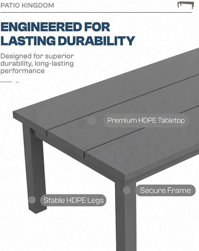 43.9" HDPE Outdoor Coffee Table (Gray) | All-Weather HDPE, Easy Assembly, Low-Maintenance, Large Tabletop, For Patio Deck Poolside Backyard Use