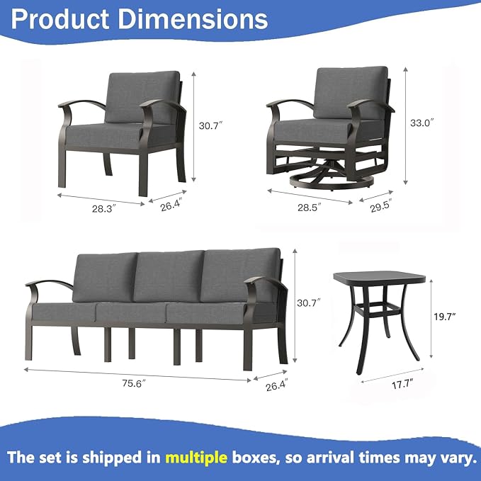 Aluminum Outdoor Patio Furniture Set,7 Seats Patio Conversation Sets with Rectangular Coffee Table,Metal Patio Sectional Furniture Set with 2 Swivel Rocking Chairs,Grey