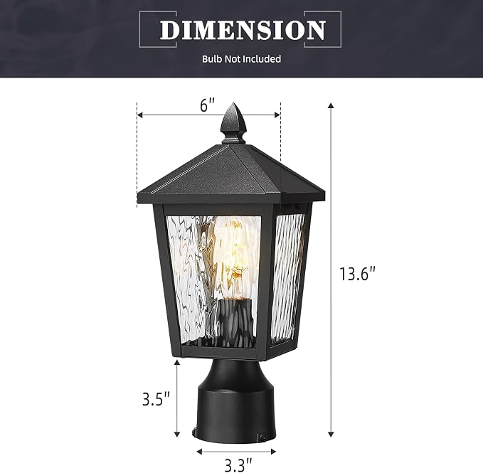 zeyu 13.6 Inch Outdoor Light Fixture for Post, Exterior Post Light Fixtures for Patio, Die-Cast Aluminum with Water Ripple Glass, Black Finish, 20076PS BK-WP