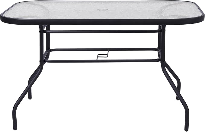 EMMA + OLIVER Tala Rectangle Patio Table with Umbrella Hole, All-Weather Table with Heat Resistant Tempered Glass, Steel Frame, 27.5x47.25, Black