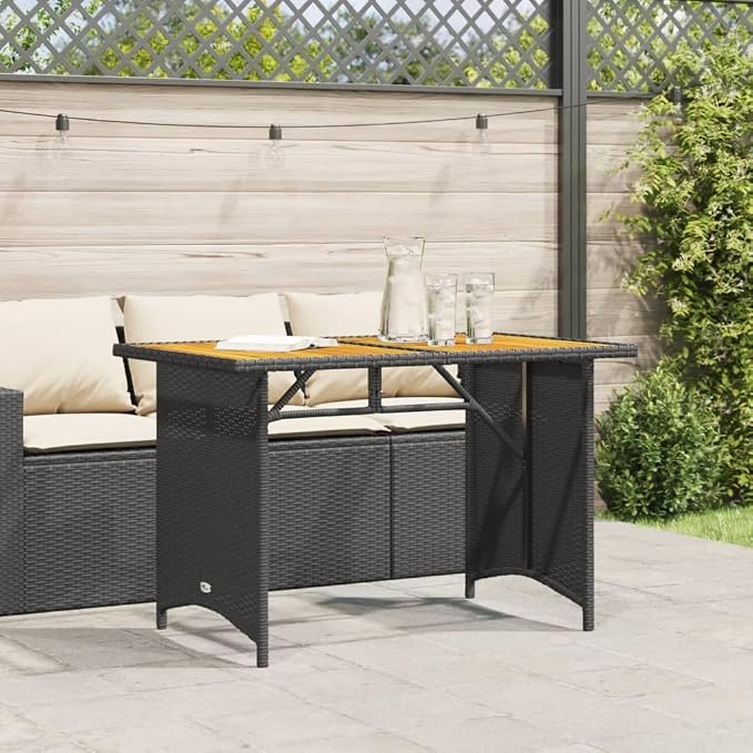 Outdoor Garden Table with Black Powder-Coated Steel Frame and Natural Acacia Wood top, Sturdy Outdoor Dining Table for Patio, Balcony, Backyard, Weather Resistant and Easy Maintenance