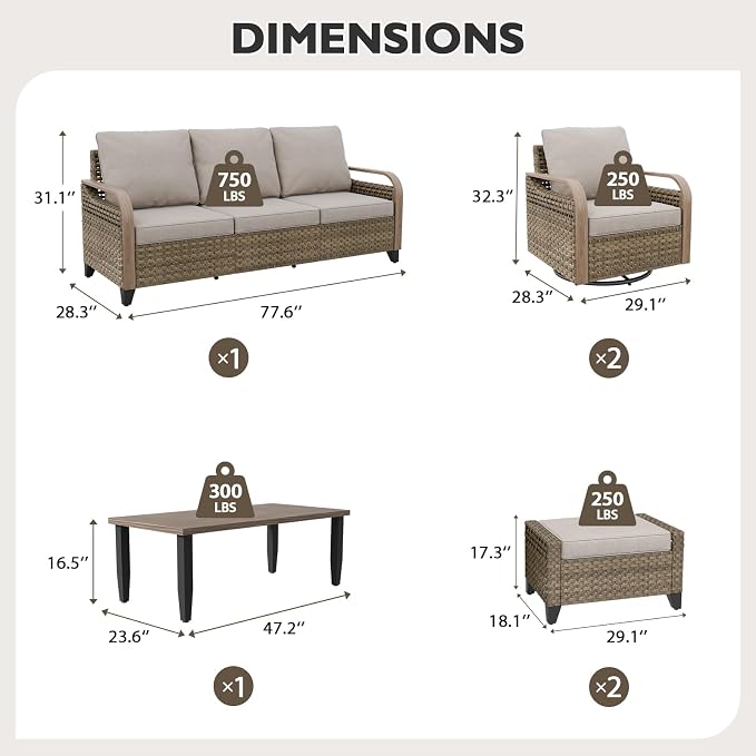 EAGLE PEAK Modern Wicker Outdoor Patio Furniture Set, Patio Conversation Set, 2 Swivel Rocking Chairs, 3-Seat Loveseat, 2 Ottomans and Coffee Table, 6 Pieces, Brown/Gray