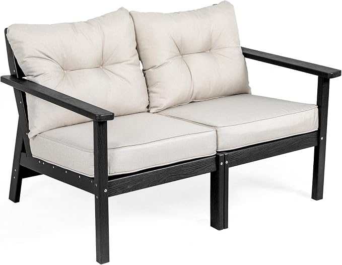 2 Seat HDPE Patio Loveseat, Outdoor Conversation Bench, Patio Furniture | Water-Resistant Thick Cushion, HDPE All Weather, Wood-Grain, No Rot or Rust or Crack, UV Fade Shield, Easy-Clean for Outside