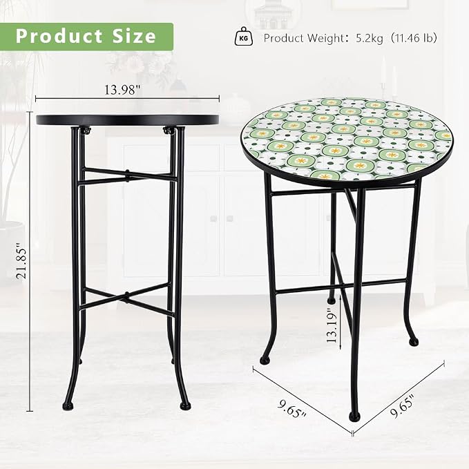 14 Inch Mosaic Patio Side Table with X-Straight Legs, Indoor Outdoor Accent Round End Table with Ceramic Tile Tops for Yard, Garden, Living Room, Bistro, A - Granny Square