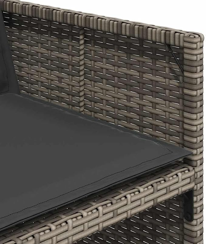 9 Piece Patio Dining Set with Cushions Gray Poly Rattan Outdoor Furniture Table with Acacia Wood Top 8 Folding Chairs UV-Proof for Garden Backyard Relaxing