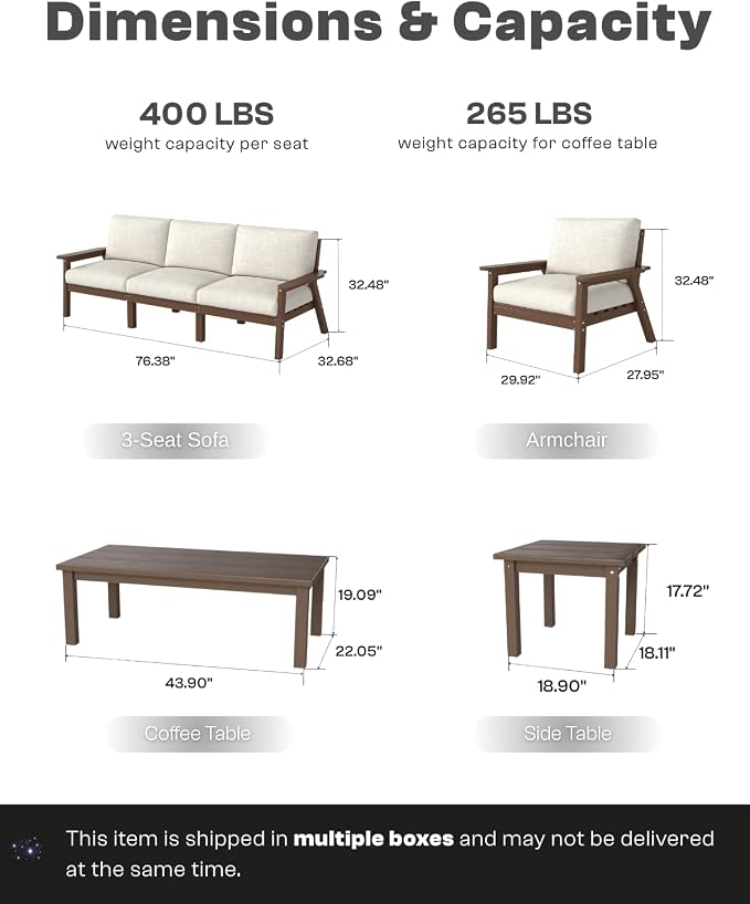 Patio Furniture Set with Washable Thick Beige Cushions, HDPE Outdoor Couch, All-Weather Outdoor Sectional Furniture, Patio Conversation Sets for Lawn, Garden, Porch (Brown Frame)