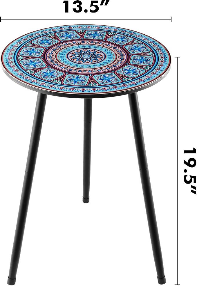 Outdoor Side Table Set of 2 Patio Side Tables for Outside Black End Tables Small Outdoor Table Round Patio End Table Metal Side Table Outside, Indoor, Bedroom, Living Room, Small Spaces, Azure Mosaic