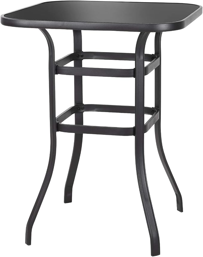NUU GARDEN 32-Inch Bar Height Patio Table, Outdoor Bistro Table with Tempered Glass Top and Powder-Coated Iron Frame, Black for Backyard, Patio, Cafe