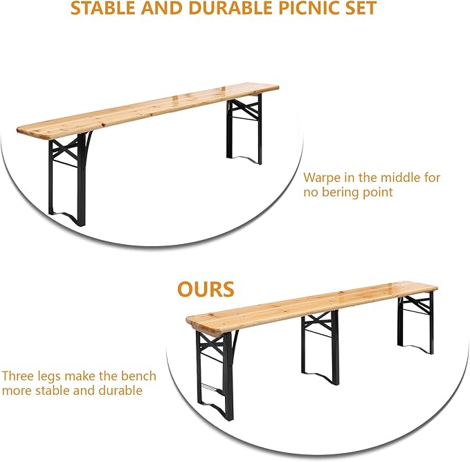 VINGLI 6 Foot Folding Picnic Table with Benches, Weather-Resistant Wood Beer Camping Table w/Carrying Handles, for Family Garden Patio Outdoor Activities Use, at Home and Commercial
