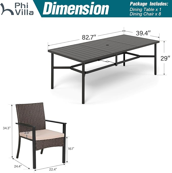 PHI VILLA 9 Piece Patio Dining Set, 83" Rectangular Table, Rattan Chairs | Outdoor Dining Set for 8, Metal Dining Table with Umbrella Hole, Large Outdoor Dining Table Set for Patio, Deck, Porch