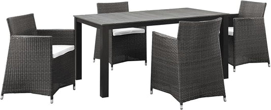 Modway Junction Wicker Rattan 5-Piece Outdoor Patio Dining Set with 63" Dining Table and Four Dining Armchairs with Cushions in Brown White