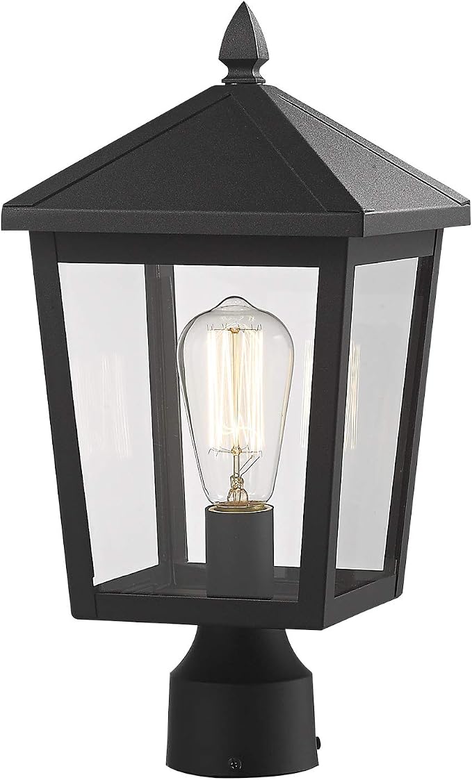 zeyu Outdoor Post Light, 16 Inch Exterior Pole Light Pillar Lantern with Clear Glass Shade and Black Finish, 20076P