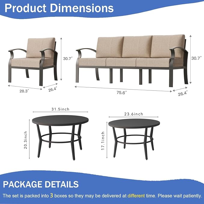 Aluminum Outdoor Patio Furniture Set,5 Seats Patio Conversation Sets with 2 Round Coffee Tables,Metal Patio Sectional Furniture Set with 5.1" Thickened Cushions,Sand
