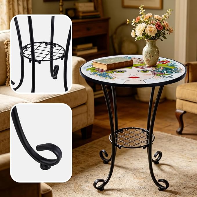 Mosaic Outdoor Side Table Small Round Patio Table Plant Stand | 21" Accent End Table with 14" Ceramic Tile Top for Small Spaces Porch Pool Garden Decor Indoor Living Room Bedroom Balcony