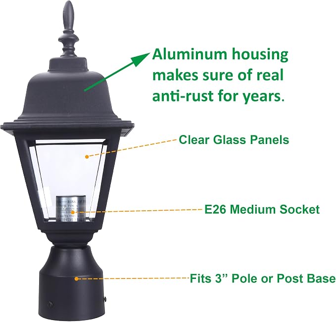 Outdoor Post Light, Rustproof Aluminum Pole Lamp, Black | Exterior Lamp Post Light Fixture for Garden, Yard, Pathway, Waterproof, Glass, E26 Base, Max 60W, 2 Pack