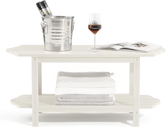 2 Tier Patio Table-White Outdoor Coffee Table Adirondack Balcony Table for Garden Pool