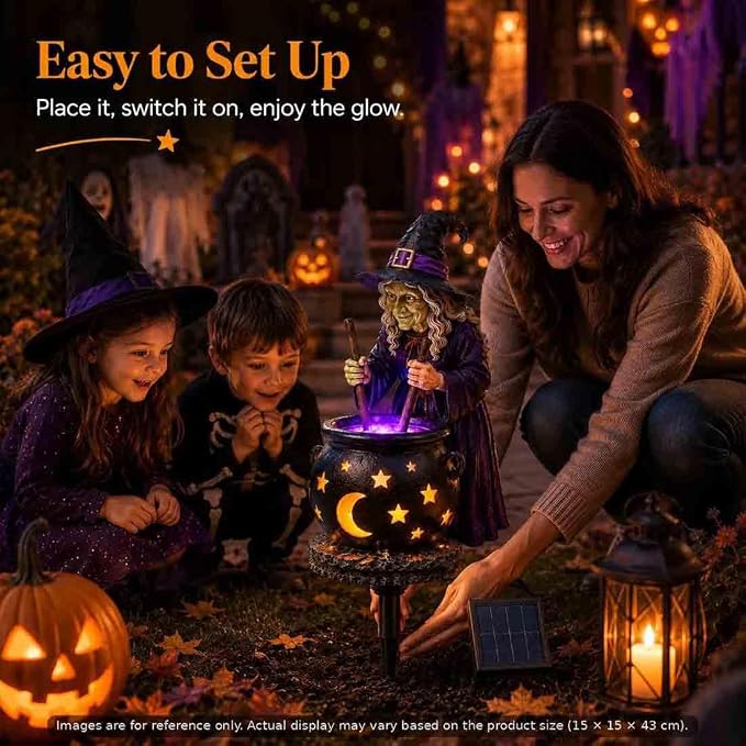 Solar Witch & Glowing Cauldron Halloween Garden Light ，3pc | Solar-powered Halloween Solar Light with glowing cauldron, automatic dusk lighting for garden, porch and pathway décor.