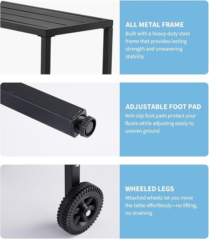Garvee Outdoor Bar Table, 39 inch Counter Height Table with Wheels & Adjustable Leveling Feet,Bar Table for Kitchen, Home Bar, Patio, Balcony,Black