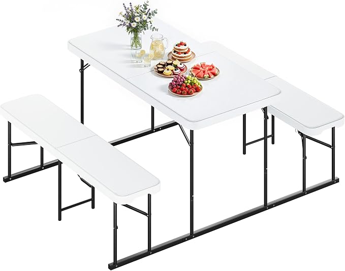 YITAHOME 4.5ft Folding Picnic Table with Benches, Heavy Duty Iron Frame & HDPE Plastic Table Set, Portable Outdoor Folding Table with Center Lock for Backyard, Park, Camping, Beach, White