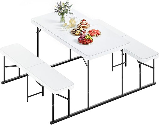YITAHOME 4.5ft Folding Picnic Table with Benches, Heavy Duty Iron Frame & HDPE Plastic Table Set, Portable Outdoor Folding Table with Center Lock for Backyard, Park, Camping, Beach, White