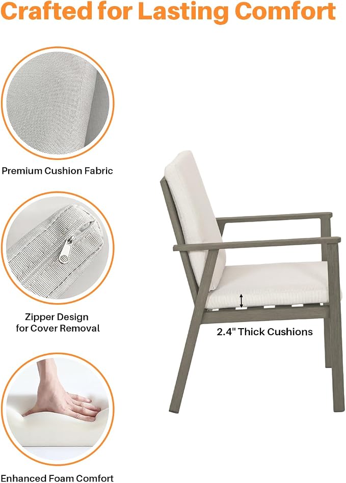 Never-Rust Outdoor Patio Dining Chairs, 4 Pieces Outdoor Aluminum Dining Chairs with Thickened Cushions, Patio Dining Furniture Chairs Set for Garden, Decks, Porch, Pool, Limed Oak