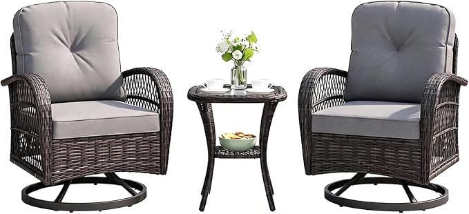 ORALNER 3 Pieces Wicker 360° Swivel Rocker Set Patio Furniture, Rocking Chairs with Cushions, Tempered Glass Coffee Table, Outdoor Rattan Bistro Set for Balcony Front Porch Deck Poolside (Gray)