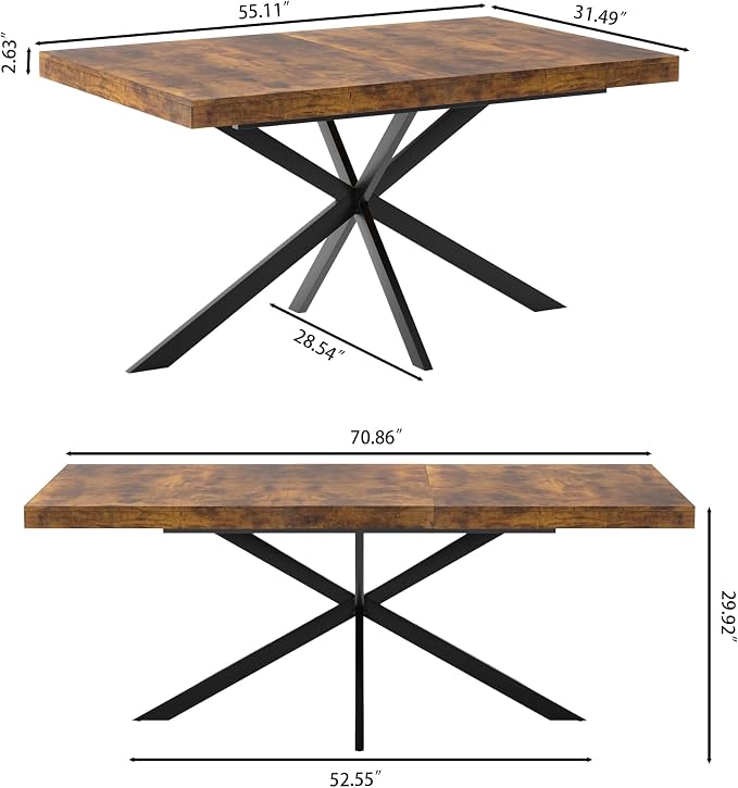 55.11" -70.86" Extendable Dining Room Table, Retro Folding Dining Tables for 4-6 People with Antique Wood Top/Black Fine Sand Cross Iron Foot Base/Storage Box, Brown