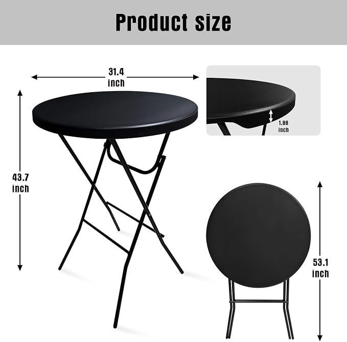 32in Cocktail Table, Plastic Folding Round High Top Indoor Outdoor Use, Foldable Bar Height Table for Parties and Commercial Events (Black)