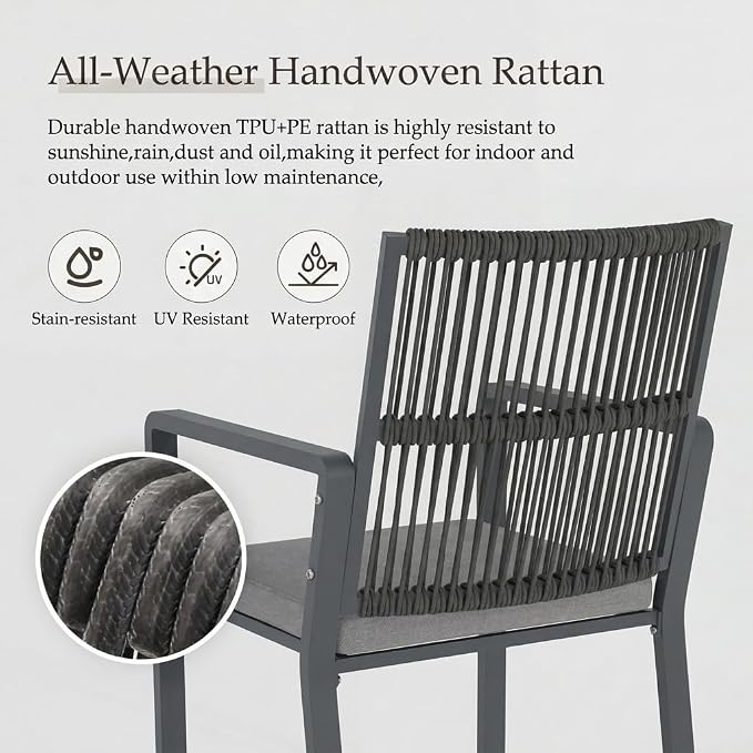 Outdoor Patio Wicker Rattan Dining Chairs, Heavy-Duty Wrought Iron Frame Supports 400lbs, Ergonomic Backrest, Detachable Breathable Cushion, for Garden & Porch, Dark Gray, Set of 2