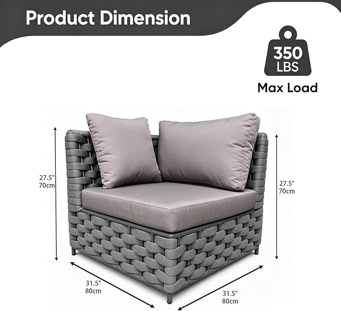 TWT ﻿Dark Gray Left Arm Outdoor Patio Sofa, Modular Woven Rope Sectional Chair with Water-Resistant Cushion & Rust-Proof Frame, for Backyard Balcony Deck