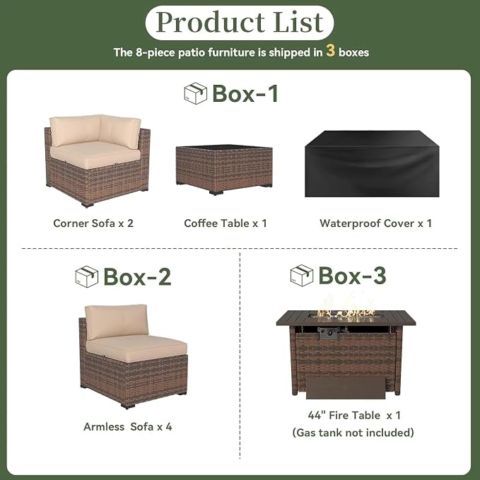 Beige 8 Piece Patio Furniture Set with 44” Fire Pit Table Wicker Rattan Outdoor Sectional Sofa Set with Coffee Table