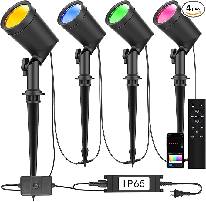 SUNTHIN 4 Pack Smart RGBW Landscape Lights, Color Changing Spot Lights | Outdoor LED Yard Lighting with Remote Control, Compatible with Alexa & Google Home, IP65 Waterproof for Garden, Trees & Walls