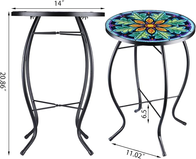 VCUTEKA Outdoor Side Table Mosaic End Table Patio Side Table Small End Table Glass Top Round Balcony Coffee Table Porch Indoor Glass Top