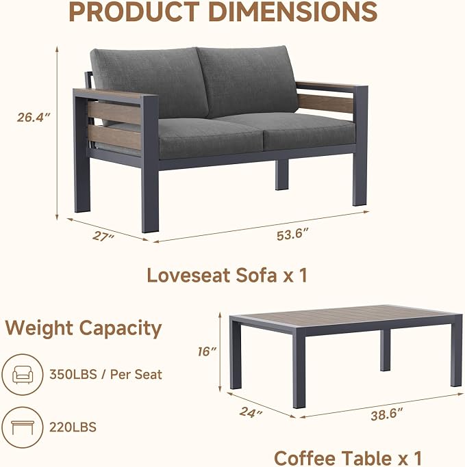 SUNYRISY Aluminum Outdoor Patio Furniture Set with Coffee Table, 2 Piece Metal Outdoor Conversation Sets with Thick Olefin Cushions, Sofa Couch Set for Porch, Deck, Backyard, Lawn, Pool