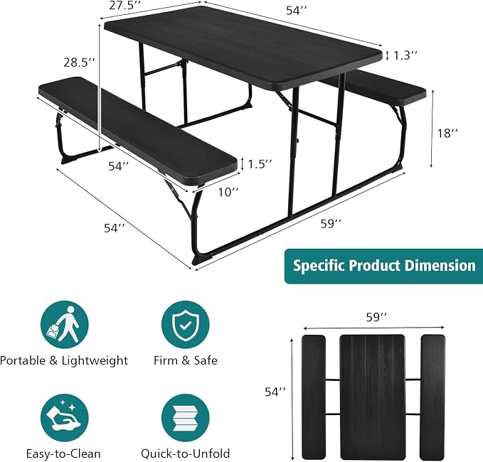 Giantex 4.5 FT Folding Picnic Table Bench Set- Outdoor Dining Set for 4-6 Persons w/All-Weather HDPE Tabletop, Metal Leg, Large Outside Dining Table for Lawn Patio Garden Yard Poolside, Black