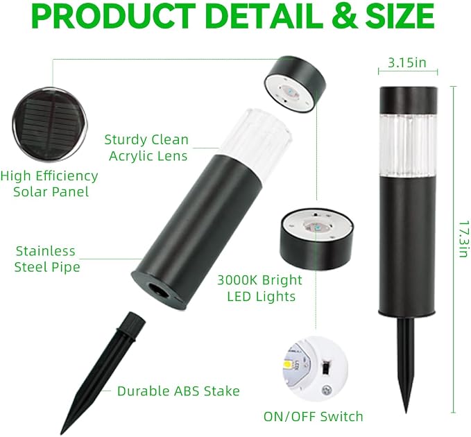 Solar Pathway Lights Outdoor, Dusk to Dawn Garden Lights, 6 Pack | Stainless Steel, IP65 Waterproof, Auto On/Off, Solar Lights for Driveway, Walkway, Backyard, Perimeter Landscape Lighting