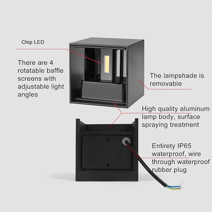Mille Lucciole 4 Pack Outdoor Wall Lights Exterior/Interior LED Wall Sconces IP65 Waterproof Square Aluminum Wall Lamps Outdoor Lighting Fixture Up and Down Lights Modern Black 12W 6500K Cold Lights