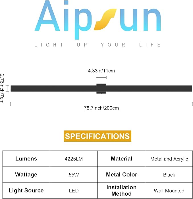 Aipsun 2 Packs 79in Outdoor Wall Sconces, 3000K 4000K 6000K Modern Black Exterior Light, Long LED Linear Wall Light Outside Lighting for Entrance, Hallway, Garage, Porch(3CCT)