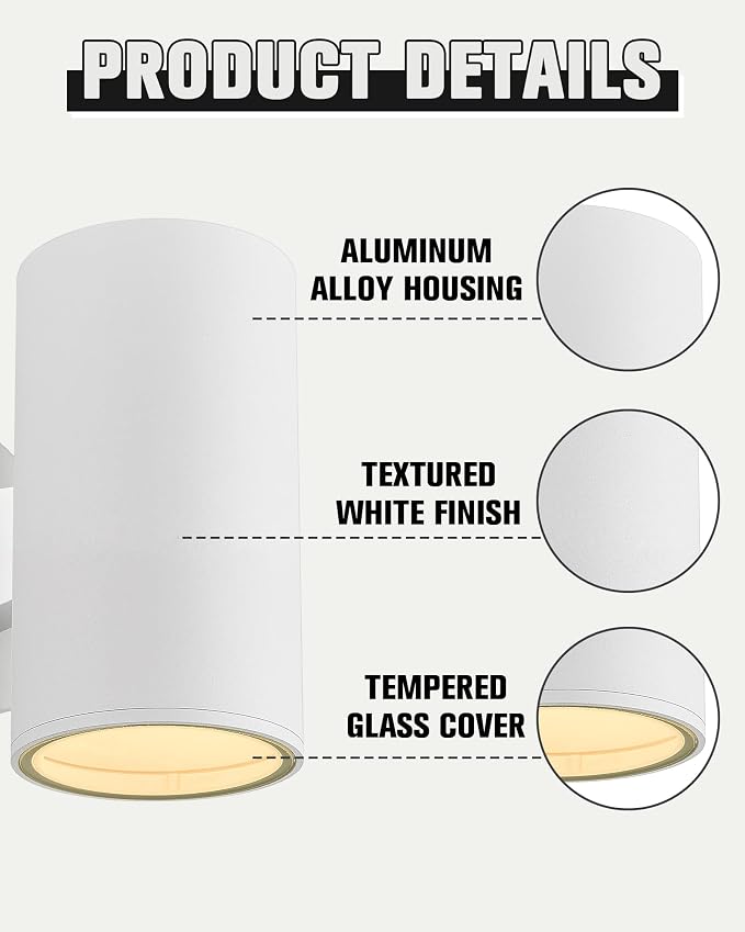 Ken & Ricky Modern Aluminum Outdoor Wall Sconce Lights,Cylinder，White,2 PK | Downward Outside Wall Light With Glass Cover,No Glare Exterior Lighting Fixtures,For House Front Porch Garage Patio Entryway