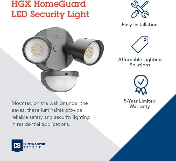 Lithonia Lighting HomeGuard 2-Light LED Outdoor Flood Lights, Motion Sensor | Dark Bronze Motion Sensor Outdoor Lights with Dusk to Dawn, 4000K Cool White, Round Heads (HGX LED 2RH 40K 120 MO DDB M2)