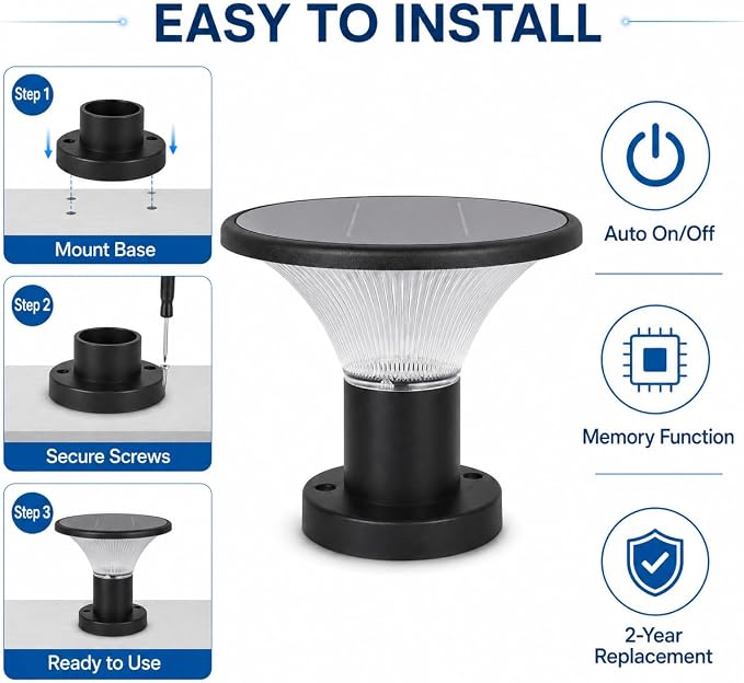 Solar Post Cap Lights, 4400mAh Solar Post Lights Outdoor with 5V 8W Round Mono Panel, 3 Color Modes, IP65 Waterproof Aluminum Fence Post Solar Lights for Garden Patio Deck Driveway, Fit Most Posts