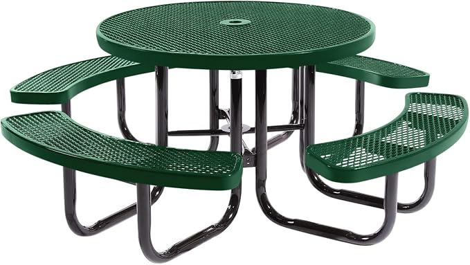 COATEDOUTDOORFURNITURE Heavy-Duty Portable Outdoor Picnic Table with Umbrella Hole, Expanded Metal Commercial-Grade Patio Dining Furniture Made in America (46" Round Top, Green)