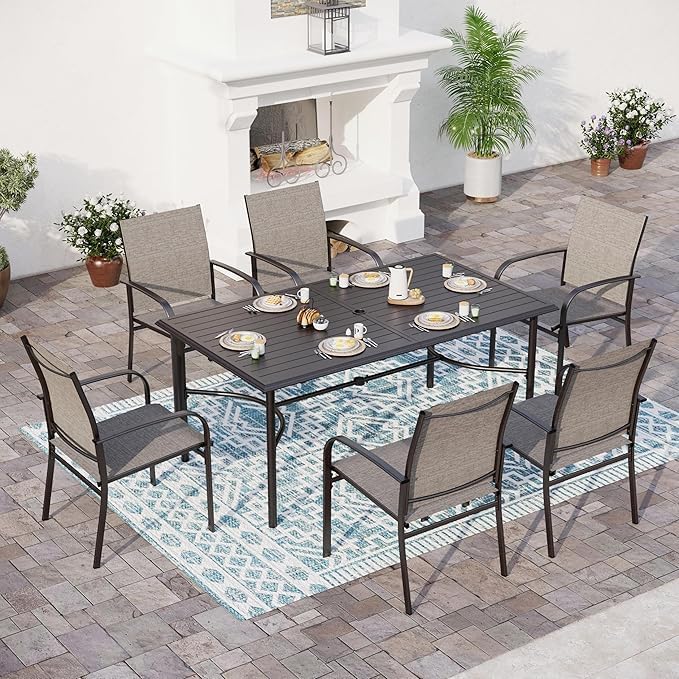 SUNSHINE VALLEY 67" Patio Dining Table for 6,Large Rectangle Patio Table with Umbrella Hole,E-Coating and Powder Coating Steel Frame Metal Outdoor Patio Table for Garden Backyard Lawn Yard