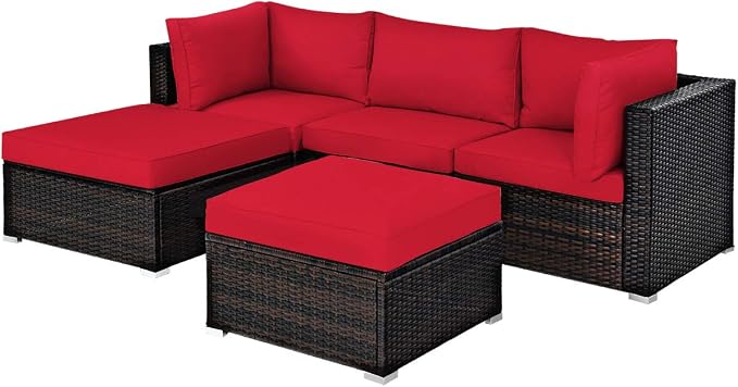 COSTWAY 5-Piece Outdoor Patio Furniture Set, PE Rattan Sectional Conversation Set with Cushions and 2 Ottomans for Garden, Deck, Backyard (Red)