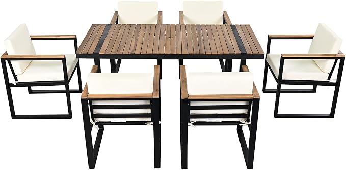 VilroCaz 7 Pieces Outdoor Dining Set, Acacia Wood and Steel Frame Patio Dining Table with Umbrella Hole and 6 Upholstered Chairs for Patio, Backyard, Garden (Beige-Umbr)