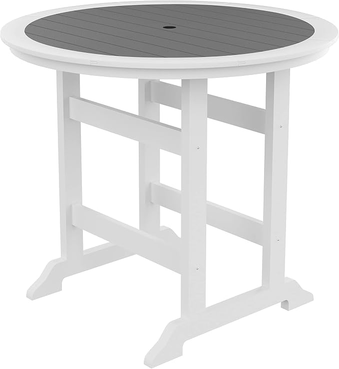 JUSTONE 47 Inch Round Outdoor Bar Table, Water-Resistant HDPE Pub Height Table for Patio, Garden, Poolside, Backyard, Balcony, Fire Pit and Lawn，Grey and White